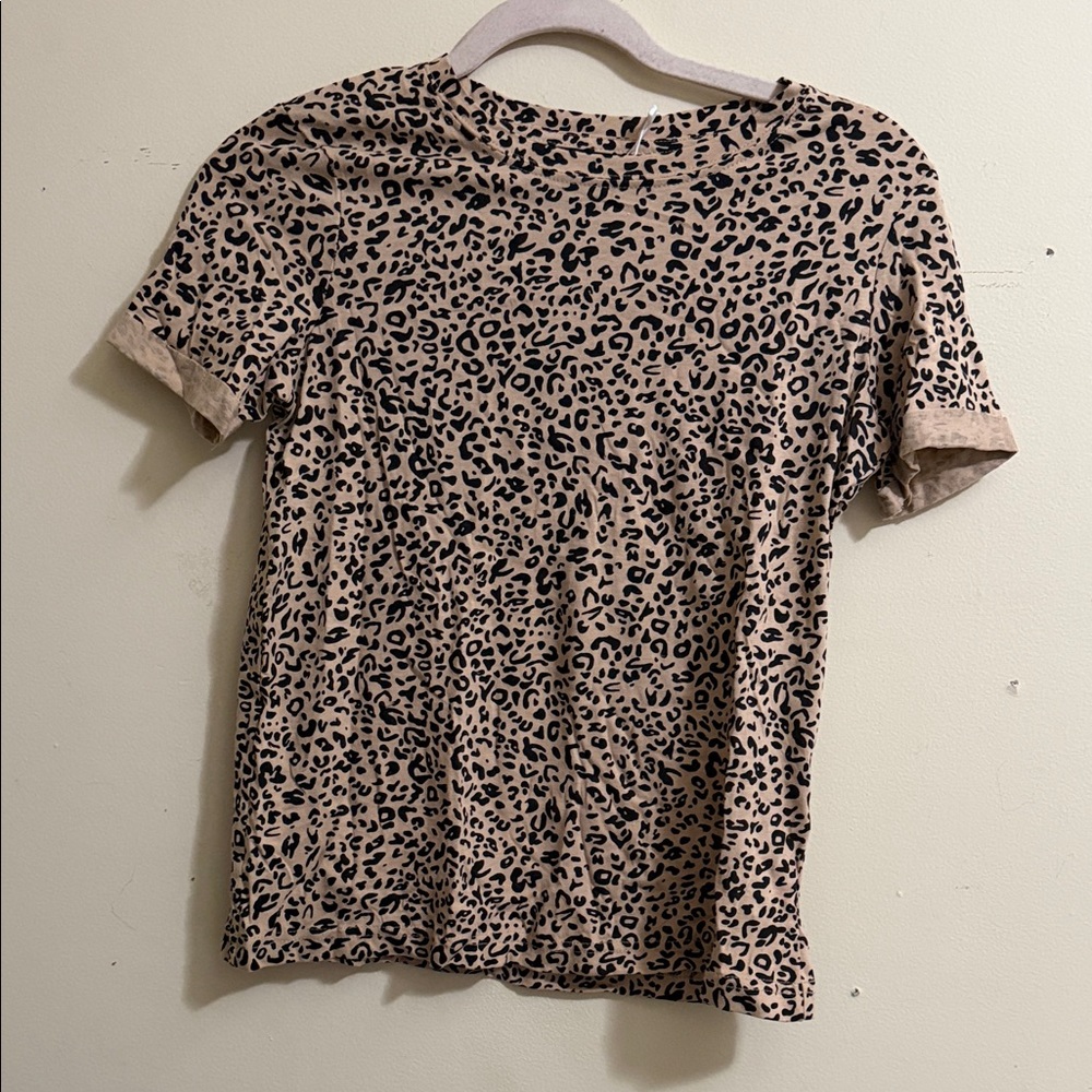 Bershka Beige and Black Leopard Print Short Sleeve Tee